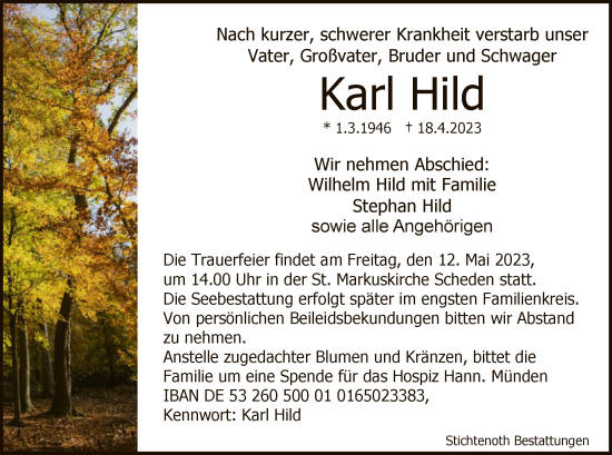 Todesanzeige von Karl Hild von HNA