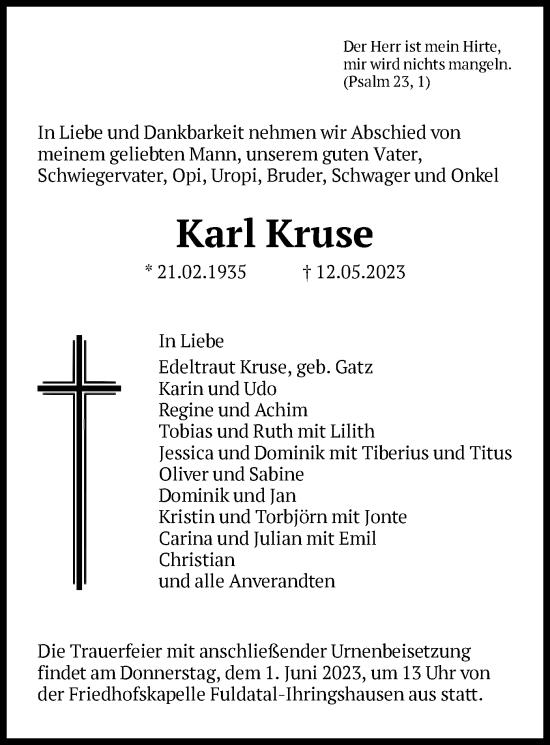 Todesanzeige von Karl Kruse von HNA
