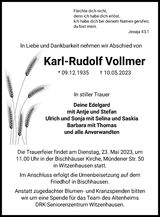 Todesanzeige von Karl-Rudolf Vollmer von HNA