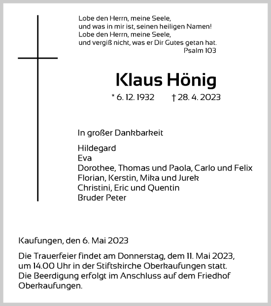 Todesanzeige von Klaus Hönig von HNA
