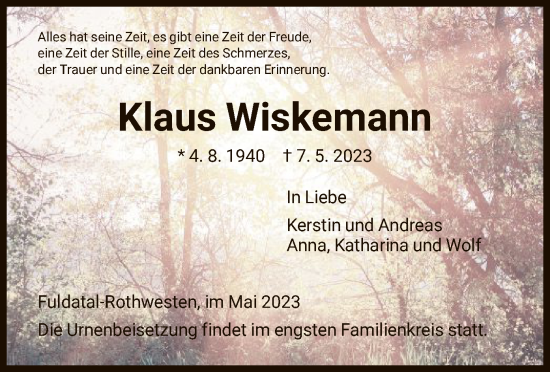 Todesanzeige von Klaus Wiskemann von HNA