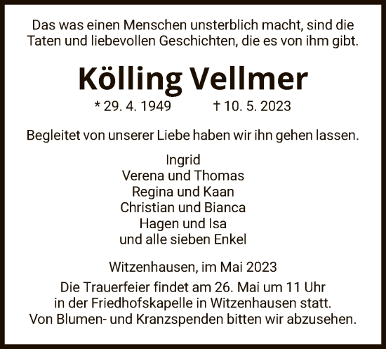 Todesanzeige von Kölling Vellmer von HNA