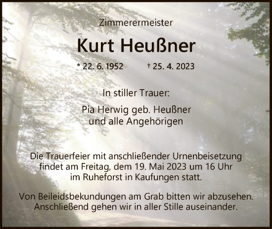 Todesanzeige von Kurt Heußner von HNA