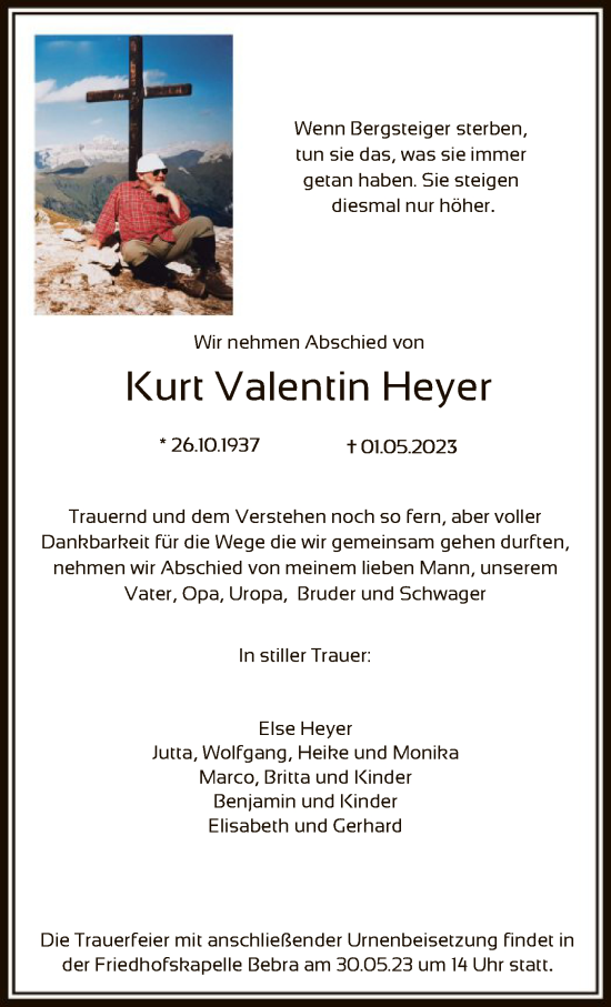Todesanzeige von Kurt Valentin Heyer von HNA