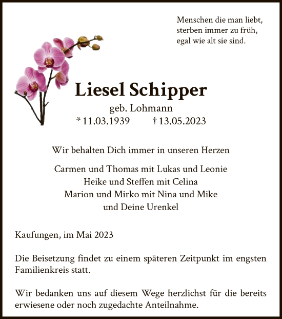 Todesanzeige von Liesel Schipper von HNA