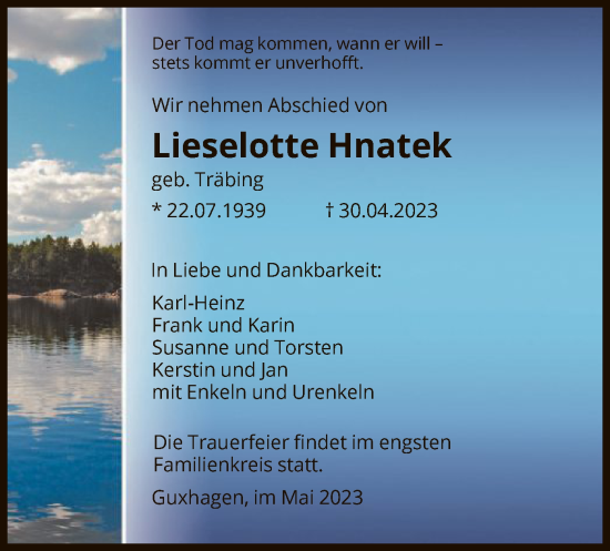 Todesanzeige von Lieselotte Hnatek von HNA