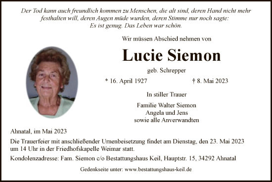 Todesanzeige von Lucie Siemon von HNA
