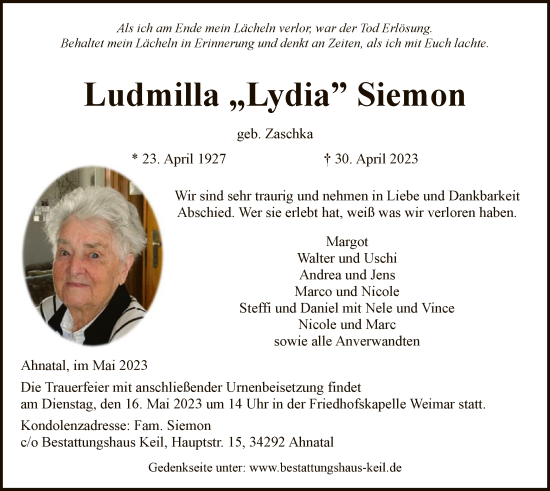 Todesanzeige von Ludmilla Siemon von HNA