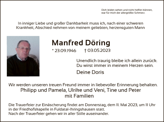 Todesanzeige von Manfred Döring von HNA
