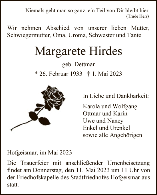 Todesanzeige von Margarete Hirdes von HNA