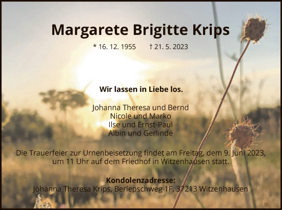 Todesanzeige von Margarete Brigitte Krips von HNA