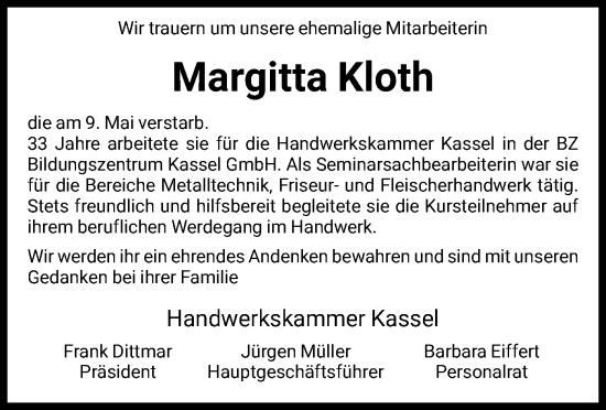 Todesanzeige von Margitta Kloth von HNA