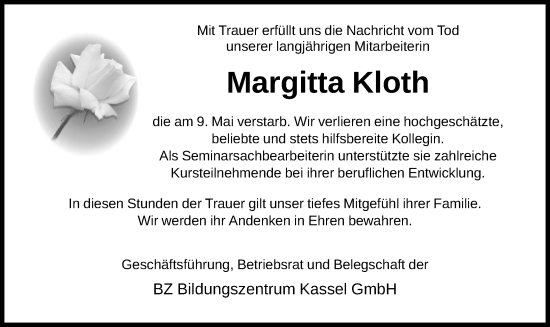 Todesanzeige von Margitta Kloth von HNA
