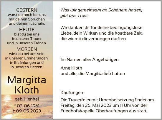 Todesanzeige von Margitta Kloth von HNA