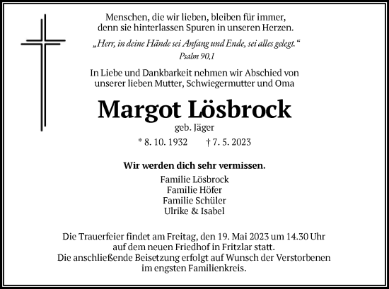 Todesanzeige von Margot Lösbrock von HNA