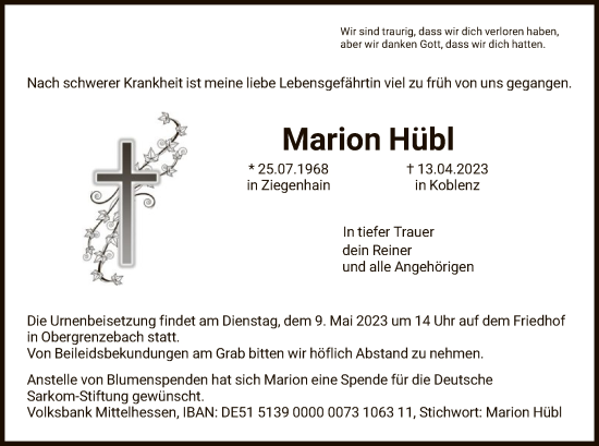 Todesanzeige von Marion Hübl von HNA