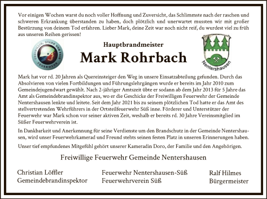 Todesanzeige von Mark Rohrbach von HNA