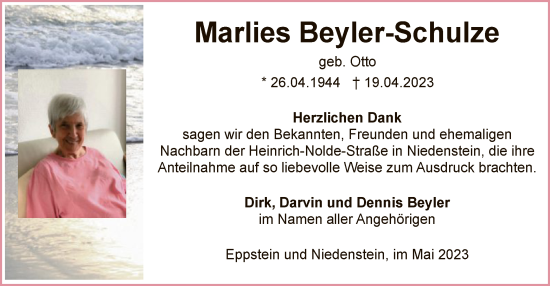 Todesanzeige von Marlies Beyler-Schulze von HNA