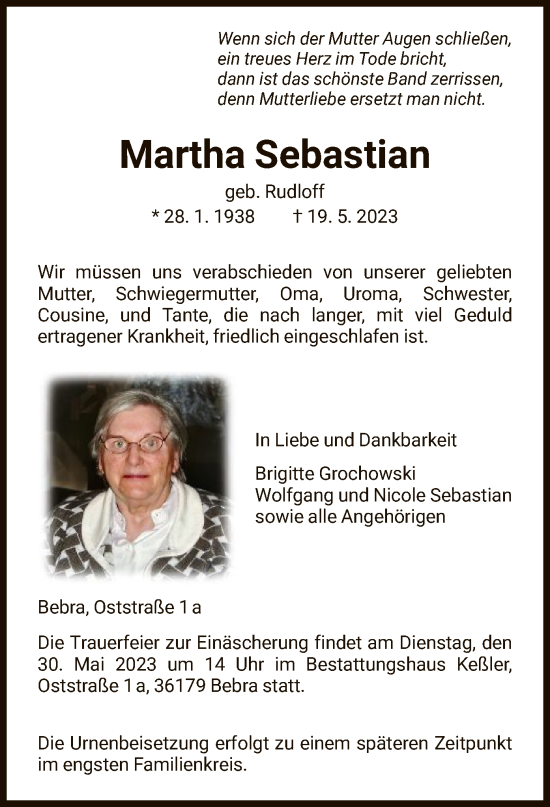 Todesanzeige von Martha Sebastian von HNA