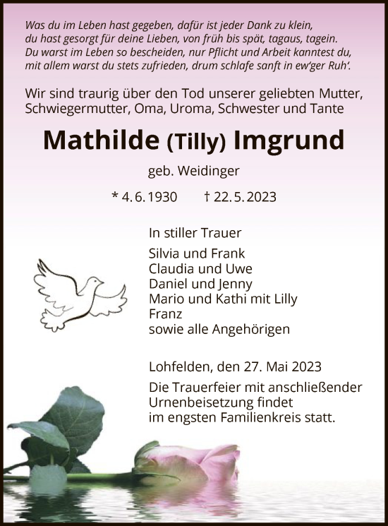 Todesanzeige von Mathilde Imgrund von HNA