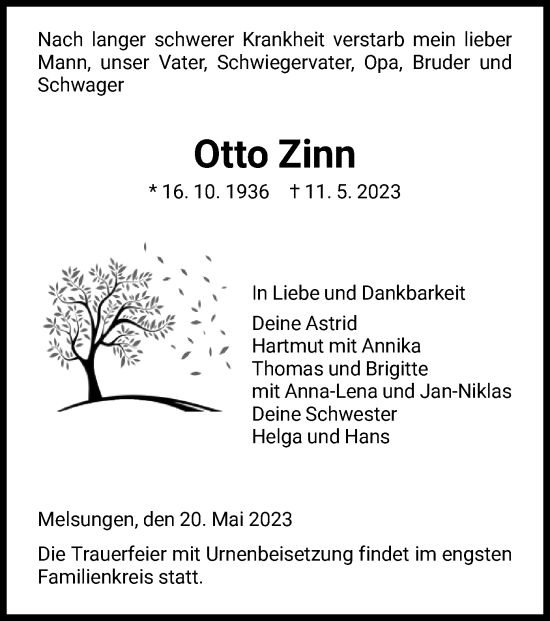 Todesanzeige von Otto Zinn von HNA