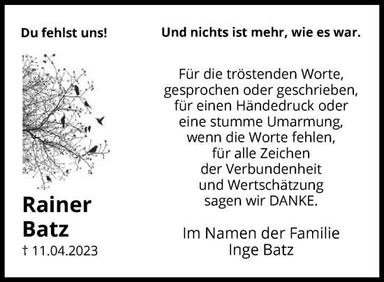 Todesanzeige von Rainer Batz von HNA