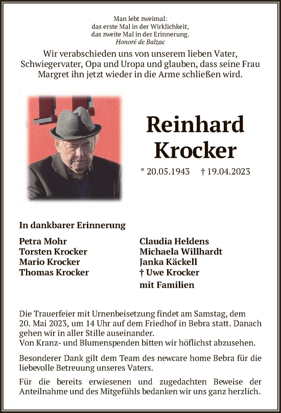 Todesanzeige von Reinhard Krocker von HNA