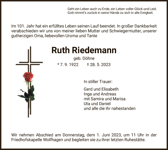 Todesanzeige von Ruth Riedemann von HNA