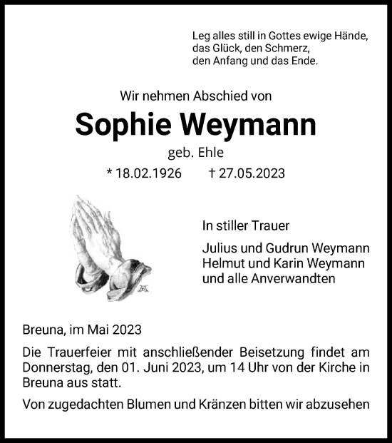 Todesanzeige von Sophie Weymann von HNA