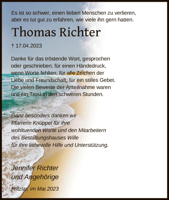 Todesanzeige von Thomas Richter von HNA