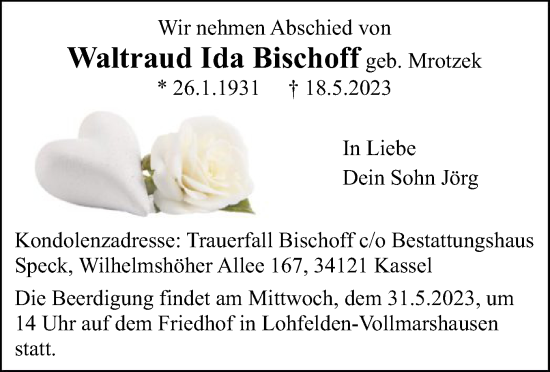 Todesanzeige von Waltraud Ida Bischoff von HNA