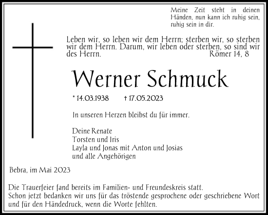 Todesanzeige von Werner Schmuck von HNA