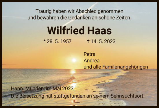 Todesanzeige von Wilfried Haas von HNA