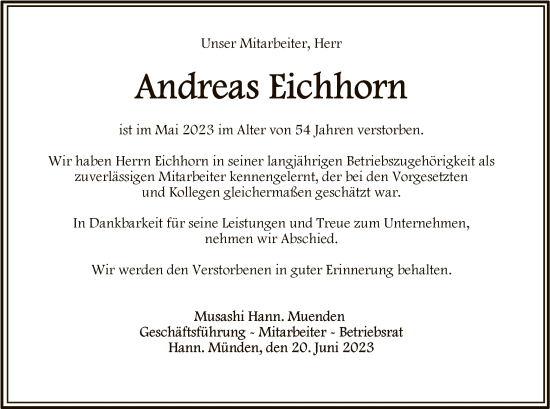 Todesanzeige von Andreas Eichhorn von HNA