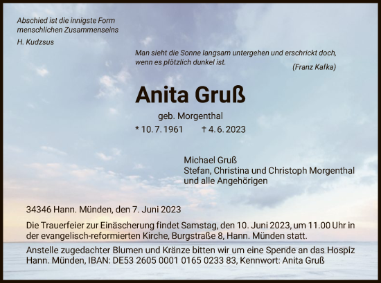 Todesanzeige von Anita Gruß von HNA