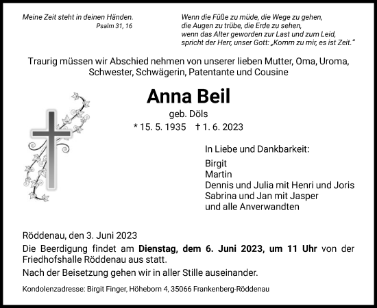 Todesanzeige von Anna Beil von HNA