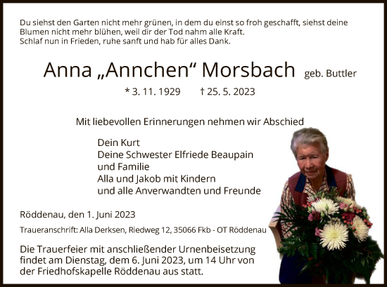 Todesanzeige von Anna Morsbach von HNA