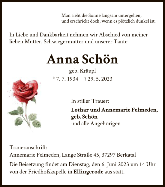 Todesanzeige von Anna Schön von HNA