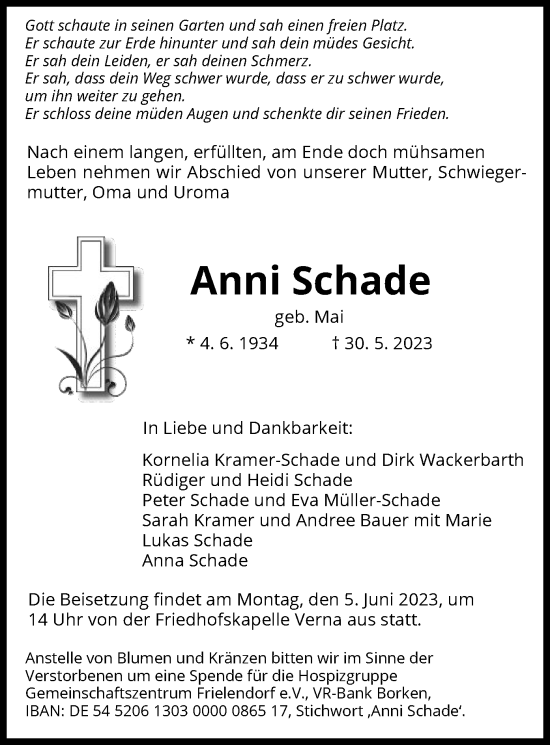 Todesanzeige von Anni Schade von HNA