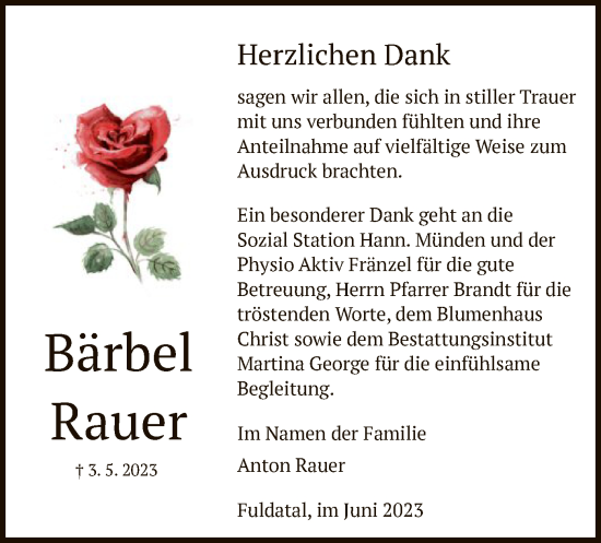 Todesanzeige von Bärbel Rauer von HNA