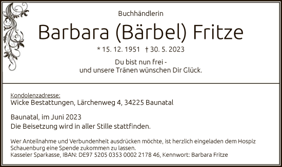 Todesanzeige von Barbara Fritze von HNA