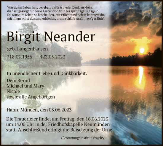 Todesanzeige von Birgit Neander von HNA