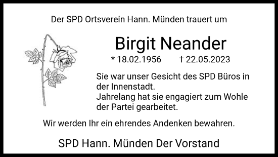 Todesanzeige von Birgit Neander von HNA