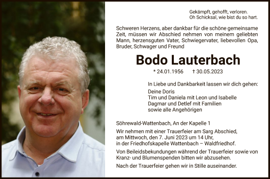 Todesanzeige von Bodo Lauterbach von HNA