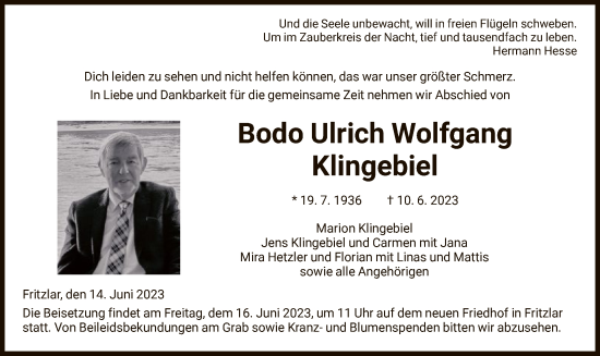 Todesanzeige von Bodo Ulrich Wolfgang Klingebiel von HNA
