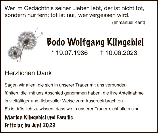 Todesanzeige von Bodo Wolfgang Klingebiel von HNA