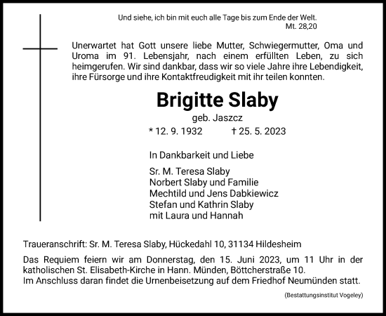 Todesanzeige von Brigitte Slaby von HNA