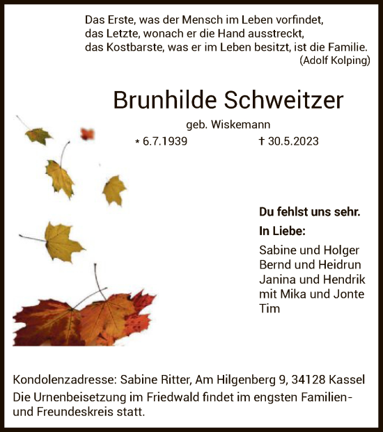 Todesanzeige von Brunhilde Schweitzer von HNA