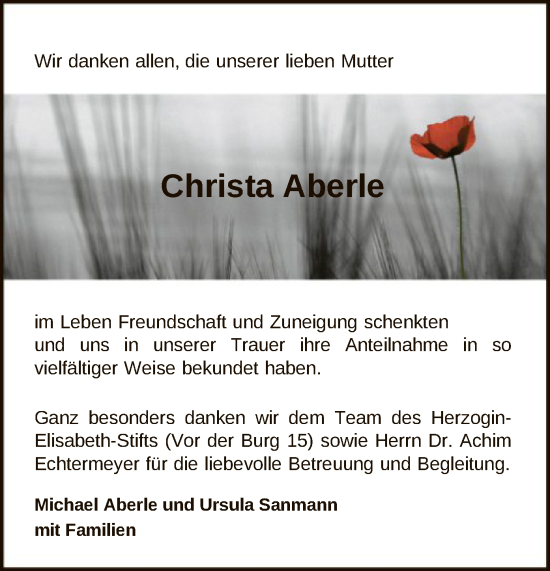 Todesanzeige von Christa Aberle von HNA