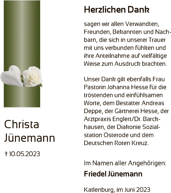 Todesanzeige von Christa Jünemann von HNA